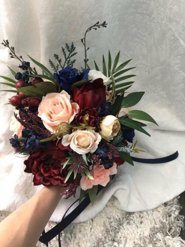 Wedding Bouquet Burgundy Navy Blue Red Peony Eucalyptus Wedding Maroon Package Handmade Artificial Faux Flowers Wedding De… 