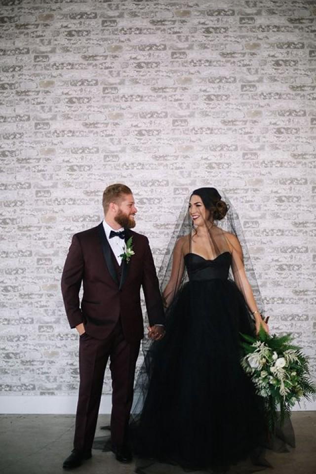 Industrial Styled Wedding Shoot At Gray Matter Museum Bride Strapless Black Tulle Ball Gown With A Sweetheart Neckline And Groom Burgundy T… 