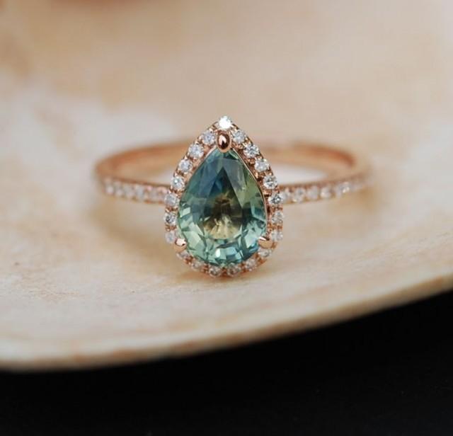 Rose Gold Engagement Ring Teal Blue Green Sapphire Pear Cut Halo Engagement Ring 14k Rose Gold