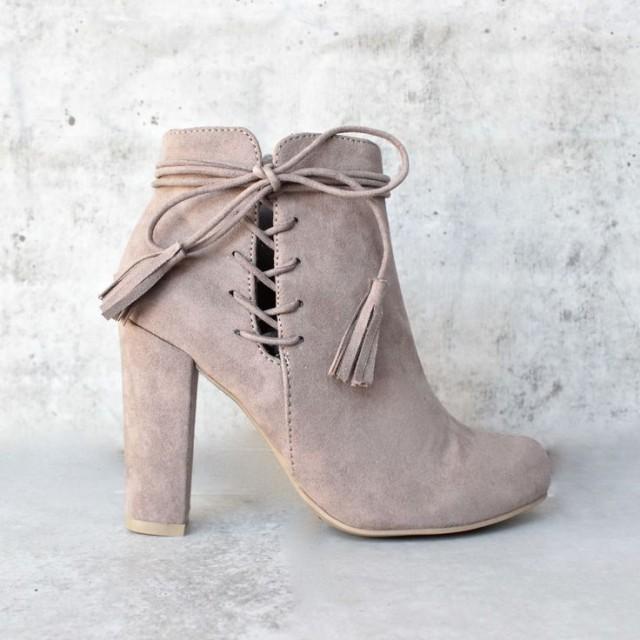 Tassel Lace Up Side Ankle Boots - Taupe 