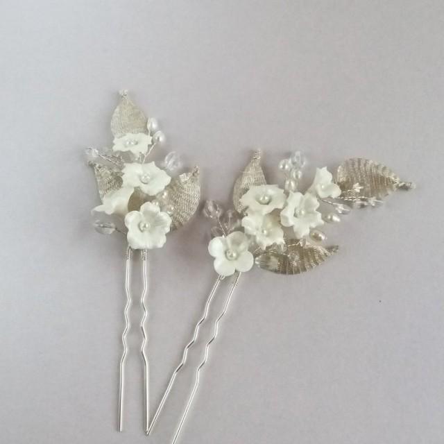 wedding photo - Bridal hair pins for Bride, Wedding silver hair piece Crystal flower hair pin Bridal headpiece