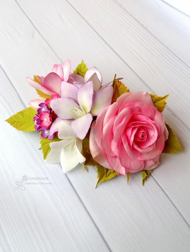 wedding photo - Wedding hair piece Flower pink rose barrette Bridal hairpiece Bridesmaid accessory Real touch rose Rose jewelry gift for women
