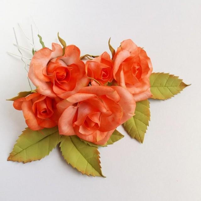 wedding photo - Floral hair piece peach rose hair pin, Flower hairpiece Real touch flowers Wedding hair vine Bridal head pieces