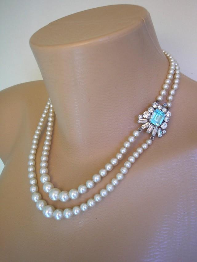wedding photo - Pearl And Aquamarine Rhinestone Necklace, Blue Topaz Rhinestone Choker, 2 Strand Ivory Pearls, Vintage Pearls, Bridal Pearls, Art Deco Style
