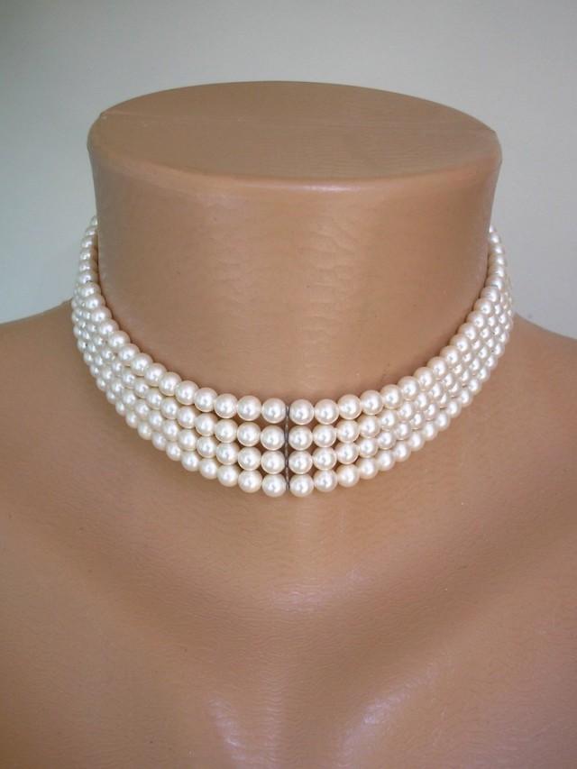 wedding photo - Lotus Pearl Choker, Bridal Pearls, Lotus Royale, Vintage Pearl Choker, 4 Strand Choker Necklace, Vintage Pearls, Ivory Pearls, Great Gatsby