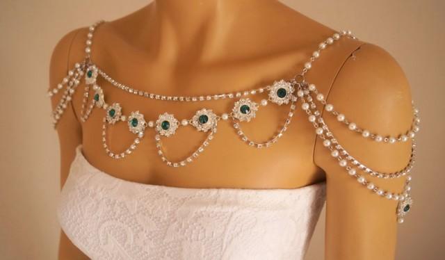 wedding photo - Shoulder necklace,Shoulder jewelry,Bridal shoulder necklace,Pearl shoulder necklace,Emerald green,Shoulder necklace wedding,Wedding jewelry,
