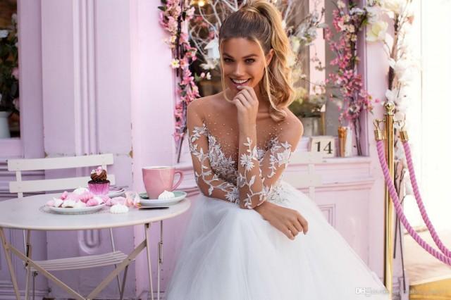 wedding photo - Discount 2019 Milla Nova Illusion Long Sleeves Tulle A Line Wedding Dresses Lace Applique Beaded Sweep Train Wedding Bridal Gowns Bridal Party Dresses Buy Wedding Dress Online From Brandshoes_sale01, $129.45