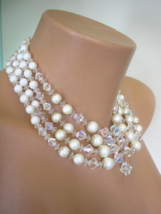 wedding photo - Bridal Pearls, Vintage Pearl Choker, Pearl Bib, Aurora Borealis, Wedding Jewelry, Pearl Collar, 1950s Jewelry, 4 Strand Pearls, Satin Pearls