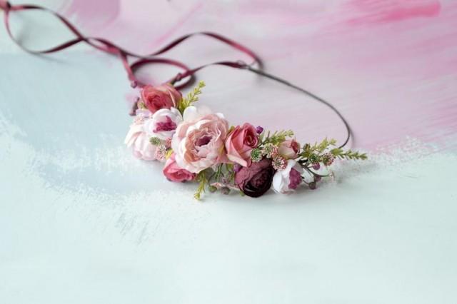 wedding photo - Blush pink burgundy wedding flower crown Blush floral headband Boho crown Bride Flower hair halo Burgundy pink floral crown