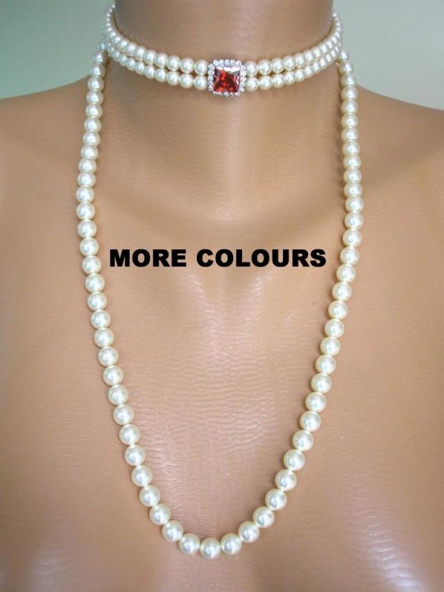 wedding photo - Long Pearl Necklace, Swarovski Pearls, 2 Strand Pearl Choker, Detachable Strands , Bridal Choker, Art Deco Style, Wedding Jewelry, Prom
