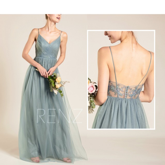wedding photo - Prom Dress Dusty Blue Long Wedding Dress V Neck Tulle Bridesmaid  Dress Backless A-line Lace Dress (HS579B)
