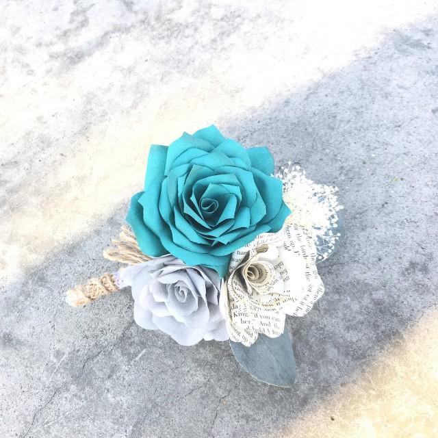 wedding photo - Teal paper boutonniere - Burlap twine and lace - Customizable colors