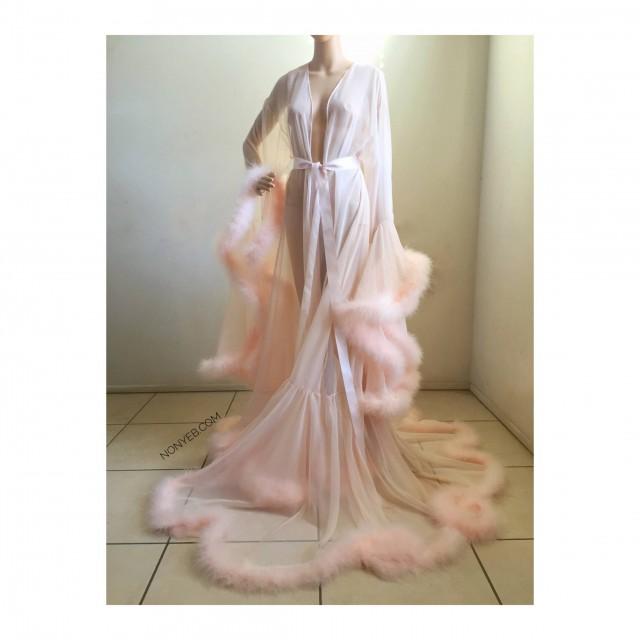 Luxury Sheer Fur Robe Peach Lingerie with satin ties / wedding robe / bridal robe / feather robe
