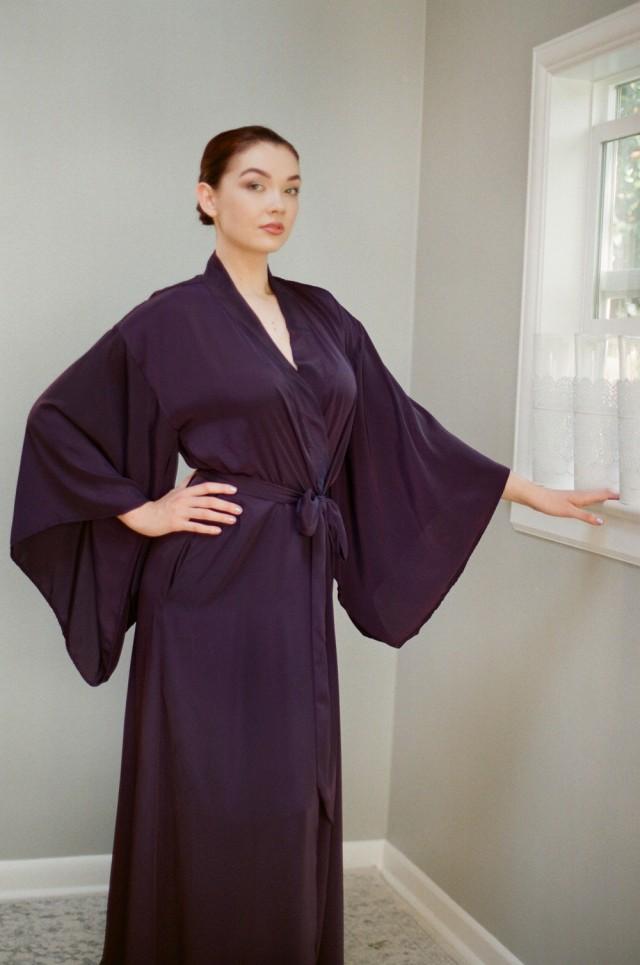 1 custom long &quot;Noguchi&quot; kimono in Eggplant faux silk. Tall plus size petite floor length womens robe with pockets. Valentines Gift for her.