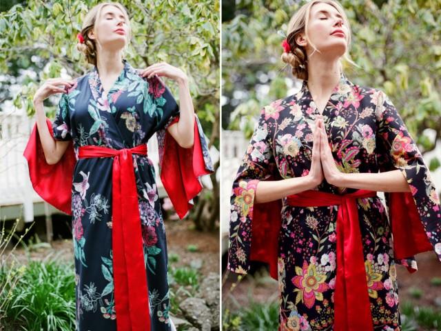 The &quot;Haiku&quot;. One custom made long Haiku robe in cotton trimmed with satin. Long kimono robe with pockets Long womens robe Lined for modesty.
