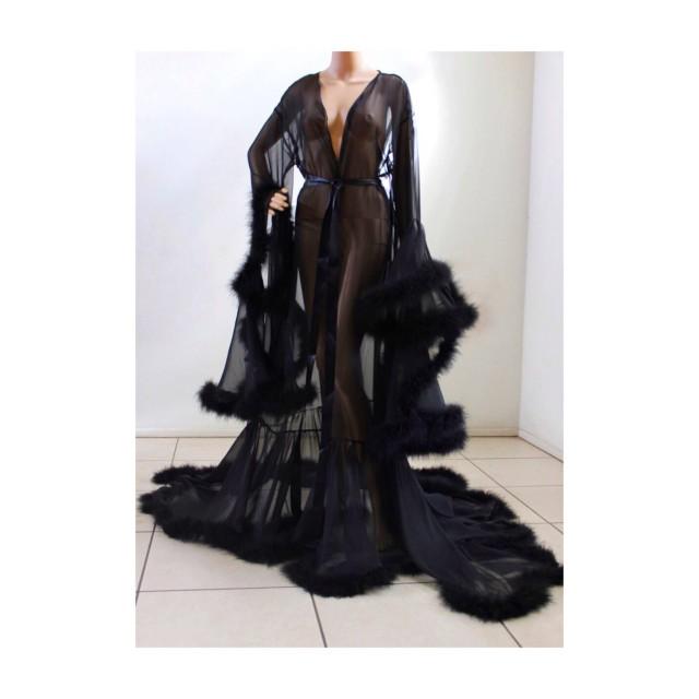 Luxury Sheer Fur Robe Lingerie Jet Black/ Fur trimmed robe with satin ties/ bridal robe / wedding robe / feather robe
