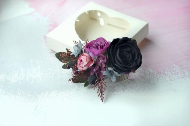 wedding photo - Dark purple wedding flower comb, Black purple gray hair comb, Large floral head piece, Bride hair piece flowers, Fall wedding hair comb