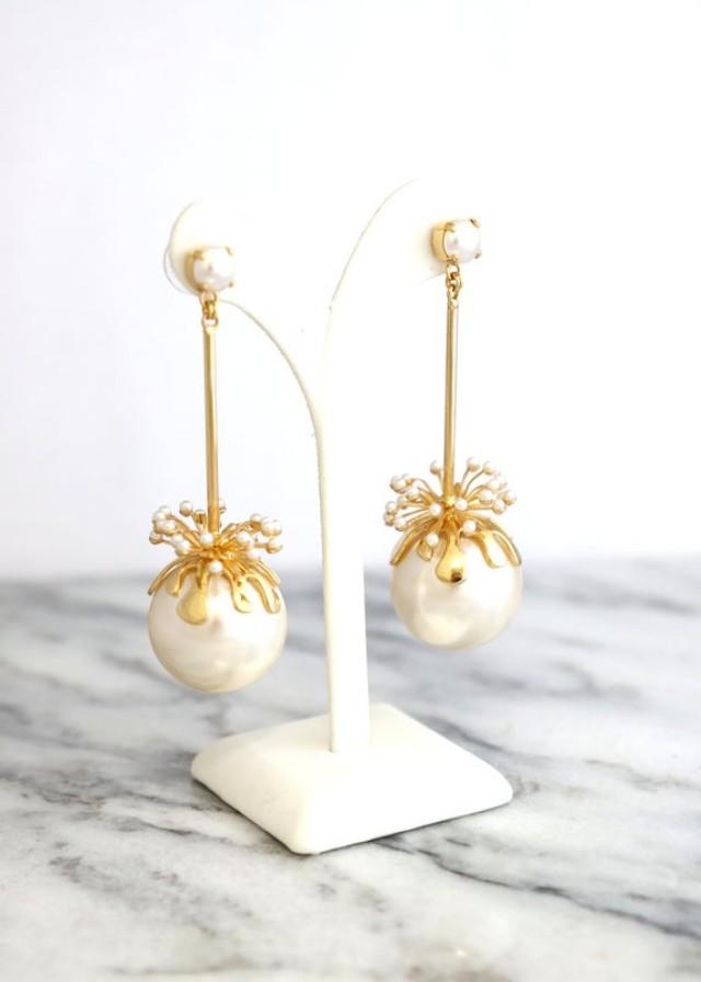 wedding photo - Pearl Earrings, Statement Bridal Earrings, Pearl Chandelier Earrings, White Pearl Dangle Earrings, Trending Earrings, Boho Chic Earrings