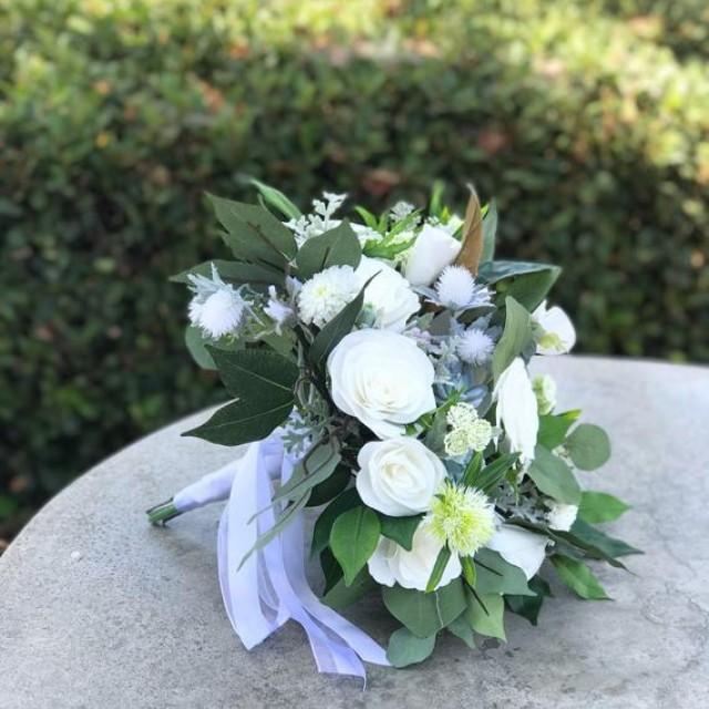wedding photo - White paper flower bridal bouquet with silk greenery and accents