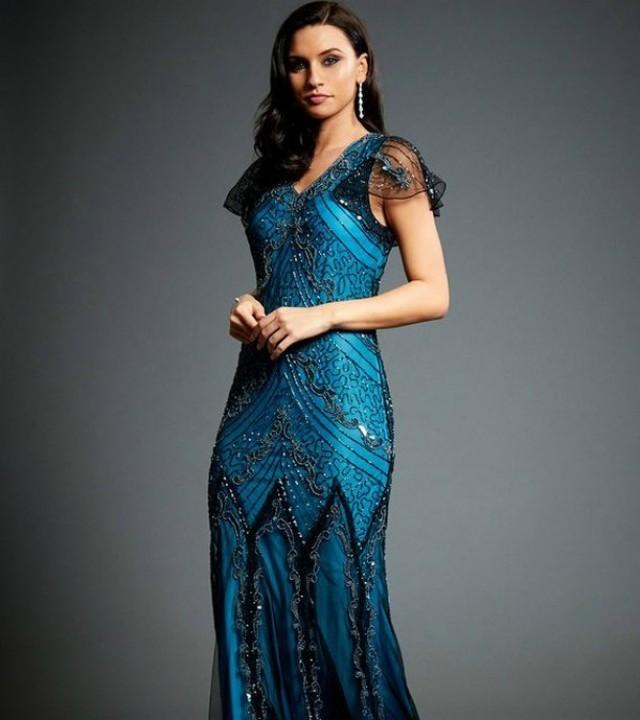 wedding photo - Evelyn Blue Beaded 20s Great Gatsby Inspired Downton Abbey Blue Formal Wedding Maxi Dress Shop Our Online Store.