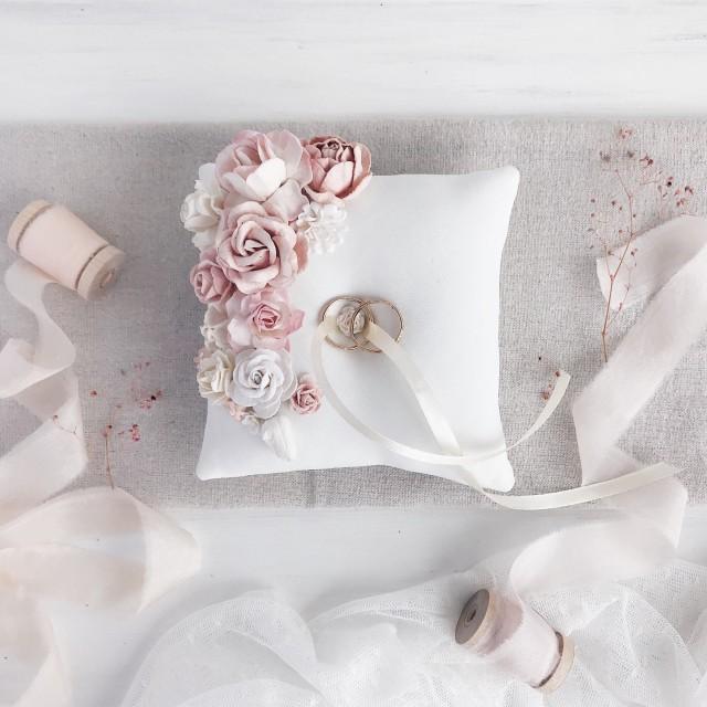 wedding photo - Blush Ring bearer pillow, White Wedding ring pillow, Blush Ring pillow with flowers, Ring holder, Blush Wedding decor