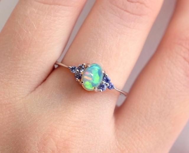 wedding photo - Rainbow opal ring in 925 Sterling Silver and blue tanzanite gemstones; tiny dainty ring for women birthday gift for her Mother's day gift