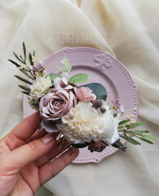wedding photo - floral hair comb, wedding bohemian flower halo, boho hair piece, woodland floral head wreath, boho floral crown, purple bridesmaid wreath