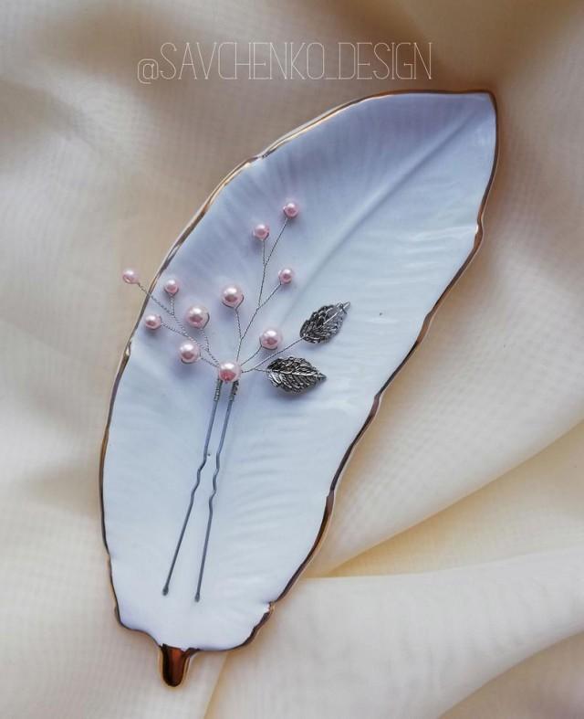 wedding photo - Silver leaf hair pin,bride Pearls hair piece, ridesmaid gifts, Bohemian bridal headpiece