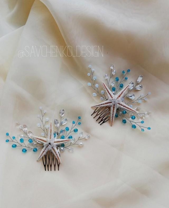 wedding photo - Set of 2 hair comb with natural starfish and blue beads