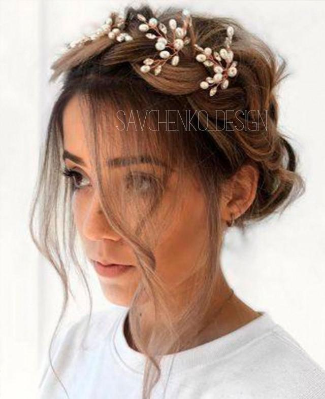 wedding photo - set of 3 hair pins, bridal hair accessories, art deco headpiece, boho wedding hair pieces for wedding pearl hair crown, celestial headpiece