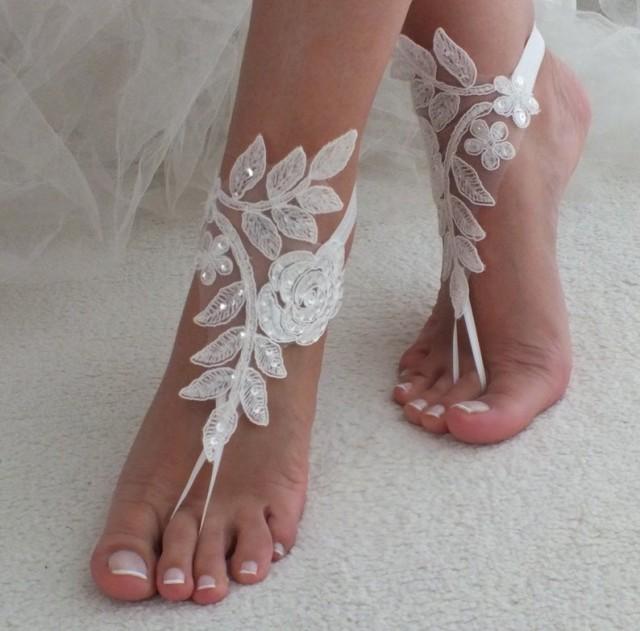 wedding photo - Wedding Shoes, White Sequined Lace Barefoot Sandals, Beach Wedding Barefoot Sandals, Wedding Anklets, Summer Wear, Wrist Sandals, Bridesmaid