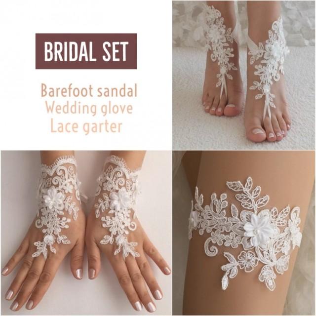 wedding photo - EXPRESS SHIPPING Bridal Set Ivory lace barefoot sandals Beach Wedding Fingerless lace Glove Wedding Garter ivory glove ivory garter