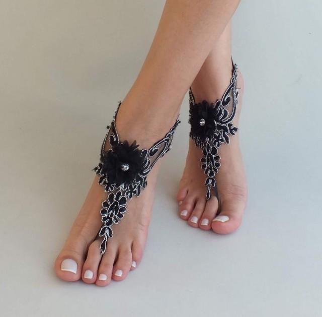 wedding photo - black silver lace gothic barefoot sandals Bellydance wedding prom party steampunk burlesque vampire bangle beach anklets bridal Shoes pool