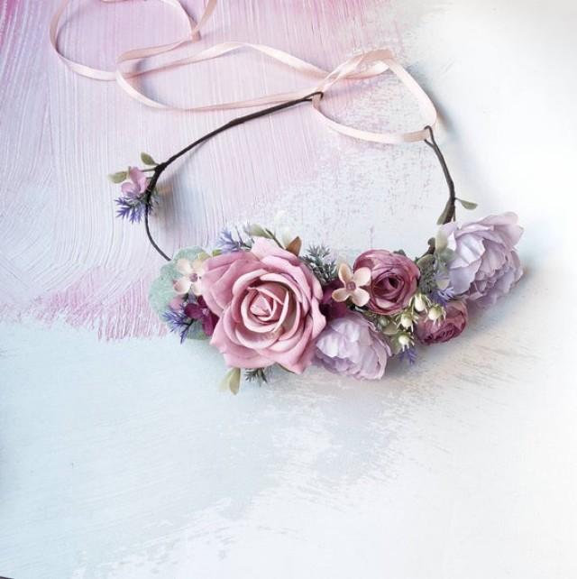 wedding photo - Purple lilac lavender flower crown, Wedding floral headband, Bridal floral crown, Flower crown adult, Mauve rose crown