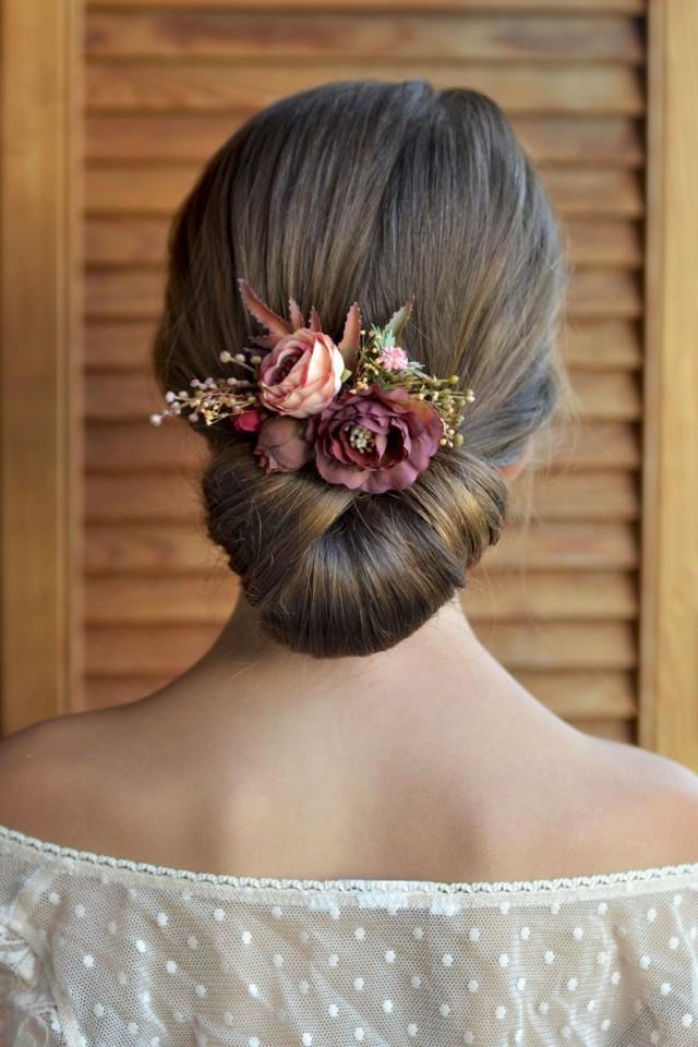 wedding photo - Burgundy hair comb, Fall wedding comb, Deep red headpiece, Rustic bride hair piece, Bridesmaids combs, Peach burgundy flowers hair