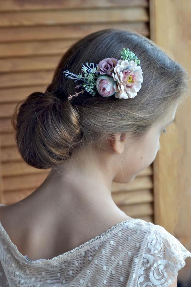 wedding photo - Blue beige floral comb, Wedding fascinator, Flower wedding hair piece, Hair clip flower, Hair comb bride