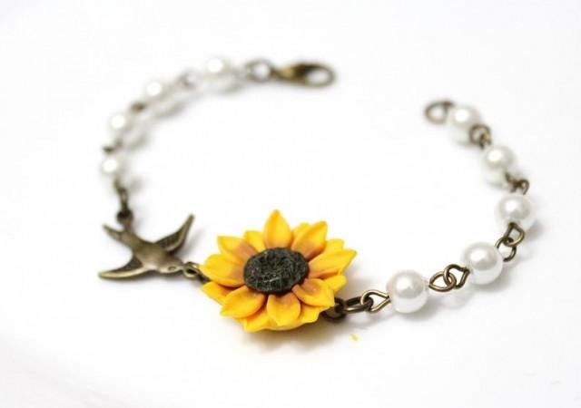 wedding photo - Sunflower and Flower Bird Bracelet, Sunflower Bracelet, Yellow Bridesmaid Jewelry, Bird Bracelet, Sunflower Jewelry, Summer , Christmas