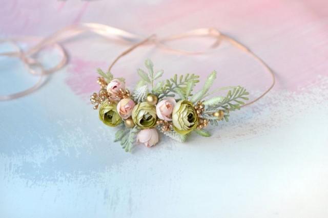 wedding photo - Olive Gold floral headband, Bridal flower crown, Adult head piece, Boho wedding hair crown, Rustic wedding green gold crown