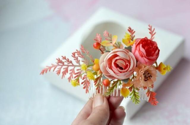 wedding photo - Yellow coral flower comb, Wedding fall hair piece, Bride floral hair comb, Orange flower hair comb, Autumn wedding piece, Woodland hair comb