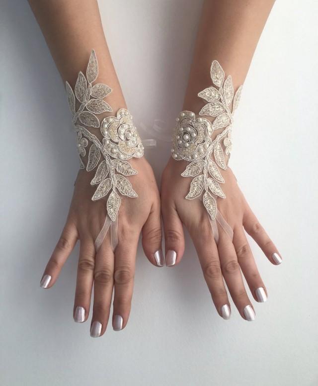 wedding photo - Champagne Bridal Glove Wedding Gloves, lace gloves, Ivory bride glove bridal gloves lace gloves fingerless Unique glove