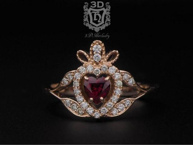wedding photo - Claddagh ring , Ruby engagement ring with natural diamonds made in 14k rose gold