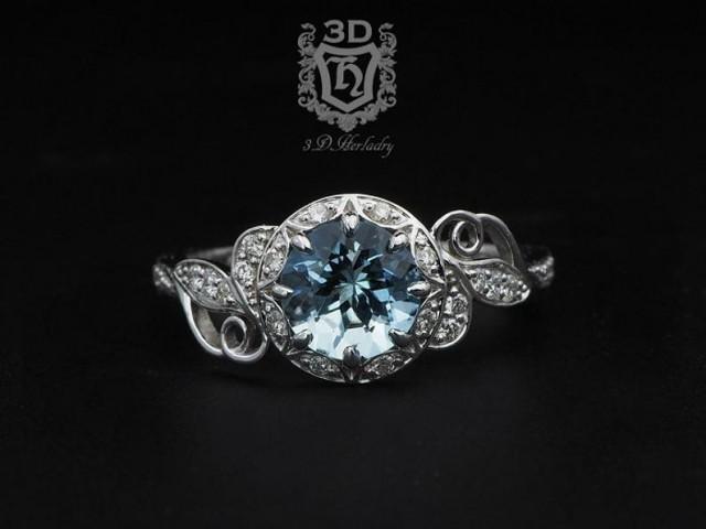 wedding photo - Aquamarine Engagement ring, Floral engagement ring with natural diamonds made with your choice of 14k white gold, yellow, or rose gold