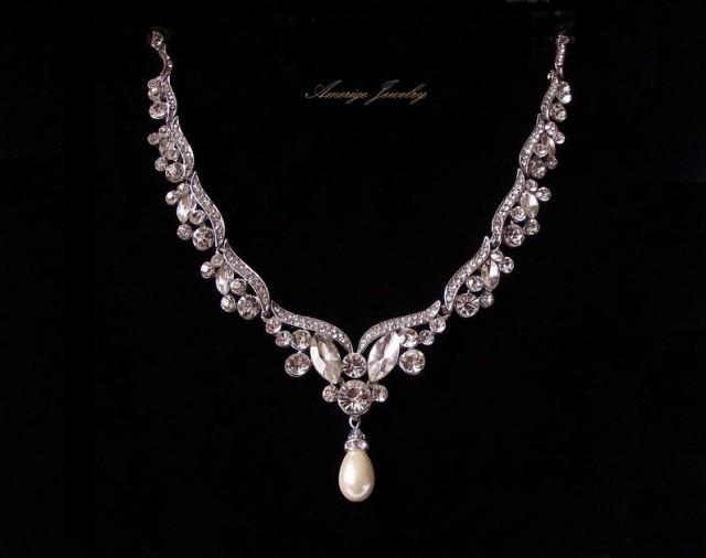 wedding photo - Crystal bridal necklace art deco wedding necklace and earrings set rhinestone and pearl bridal jewelry set silver crystal necklace for bride