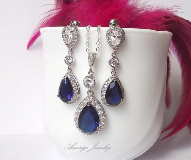 wedding photo - sapphire jewelry, bridal jewelry set, sapphire earrings & necklace, blue jewelry, wedding jewelry set, sapphire bridal set, something blue