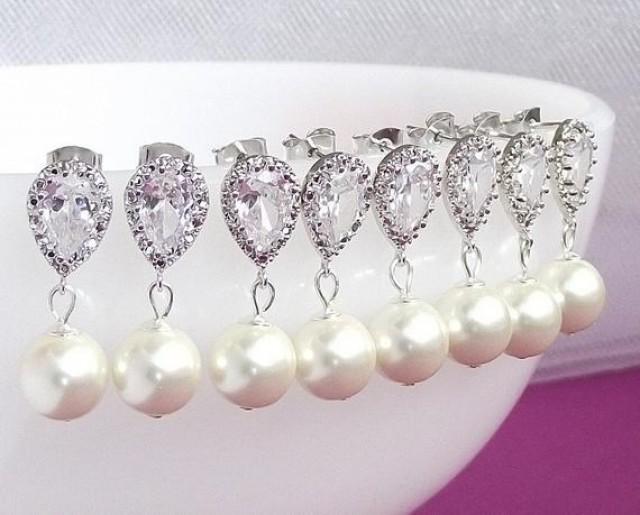 wedding photo - Silver Bridesmaid earrings set of 6 pearl earrings bridesmaid jewelry wedding earrings CZ and pearl drop earrings bridesmaid gift sets