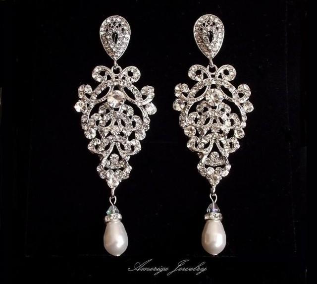 wedding photo - silver crystal earrings, wedding earrings, rhinestone & pearl earrings, bridal earrings, chandelier earrings, vintage wedding earings pearl