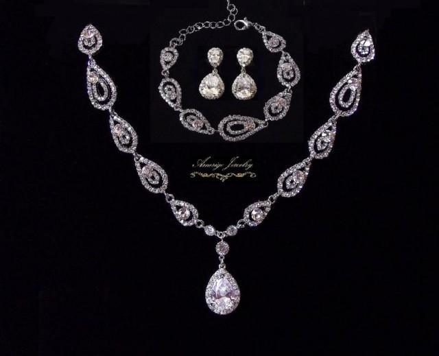 wedding photo - Bridal jewelry set silver art deco wedding necklace crystal wedding jewelry bridal necklace vintage bridal jewelry set necklace & earrings