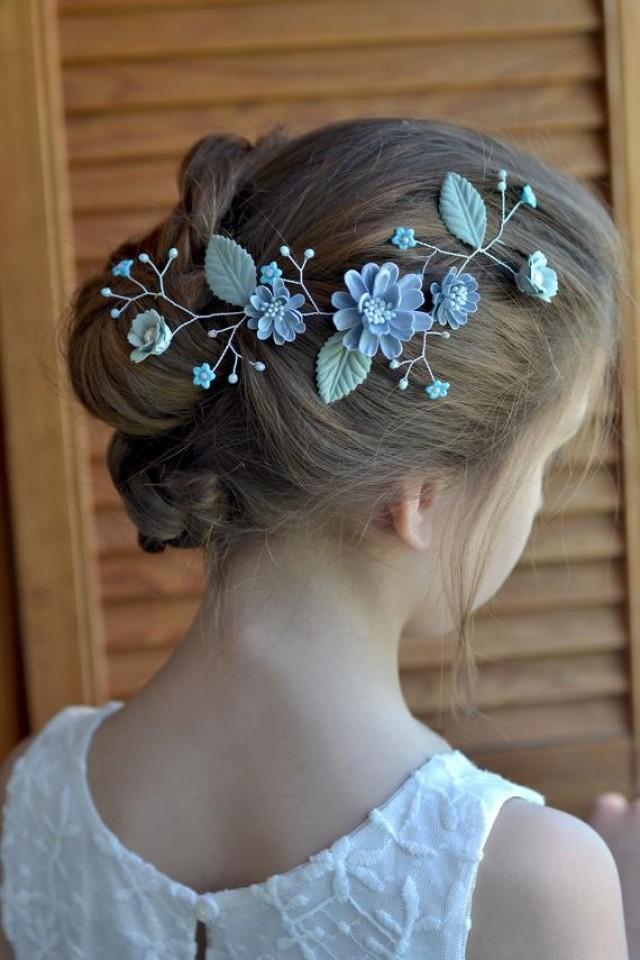 wedding photo - Blue flower crown, Blue Wedding hair vine, Bridal head piece, Hair vine head back, Bride crown blue, Wedding floral pearl crown romantic