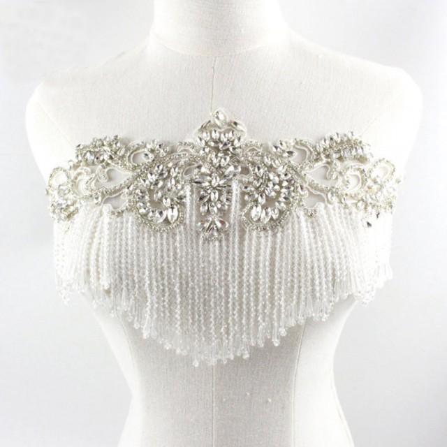 wedding photo - Rhinestone Beaded Tassel Applique for Prom Party Dress Crystal Neckline Trims Drop Charm for Beach Wedding Dresses