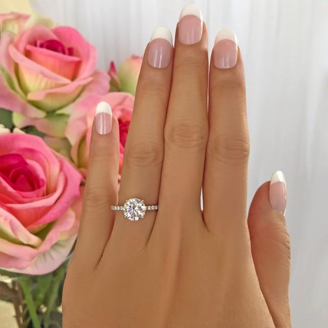 wedding photo - 2.25 ctw 2 ct Round Accented Solitaire Ring, Engagement Ring, Half Eternity Band, Bridal Ring, Man Made Diamond Simulants, Sterling Silver